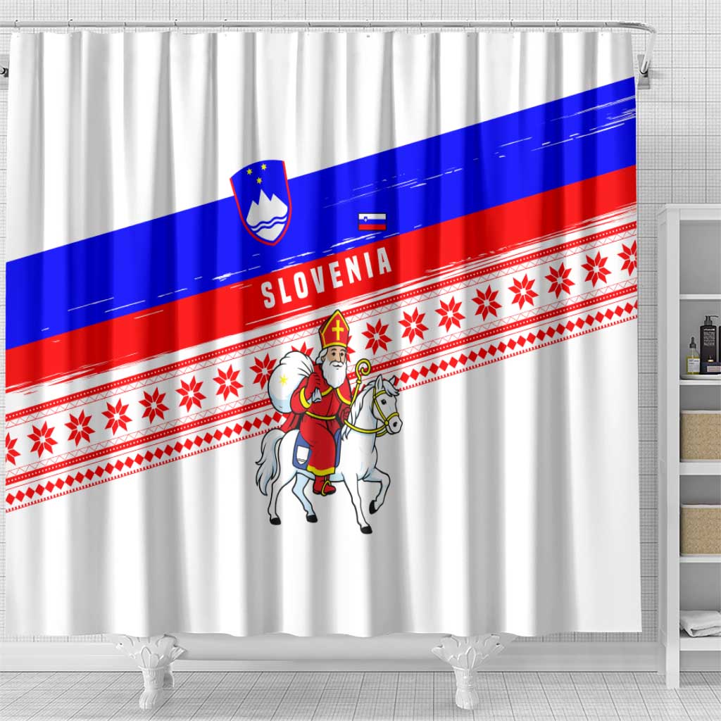 Slovenia Christmas Shower Curtain with Saint Nicholas White Horse Snowflake Pattern and National Flag Design - Wonder Print Shop