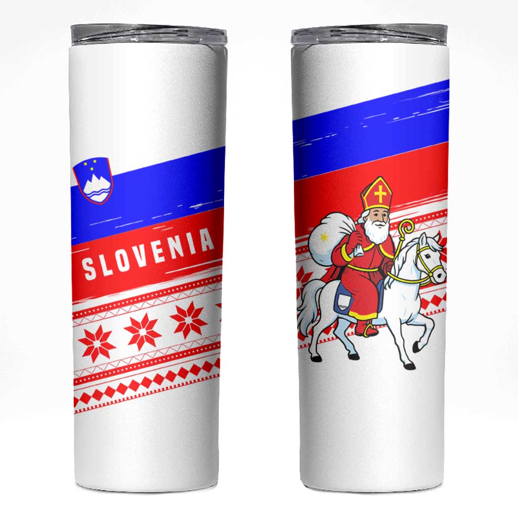 Slovenia Christmas Skinny Tumbler with Saint Nicholas White Horse Snowflake Pattern and National Flag Design - Wonder Print Shop