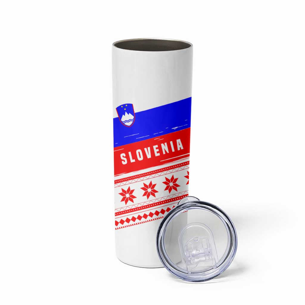 Slovenia Christmas Skinny Tumbler with Saint Nicholas White Horse Snowflake Pattern and National Flag Design - Wonder Print Shop