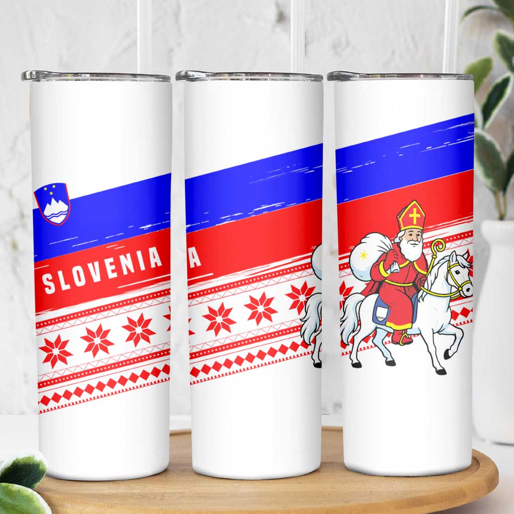 Slovenia Christmas Skinny Tumbler with Saint Nicholas White Horse Snowflake Pattern and National Flag Design - Wonder Print Shop