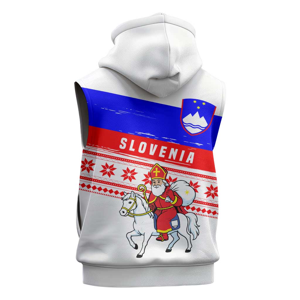 Slovenia Christmas Sleeveless Hoodie with Saint Nicholas White Horse Snowflake Pattern and National Flag Design - Wonder Print Shop