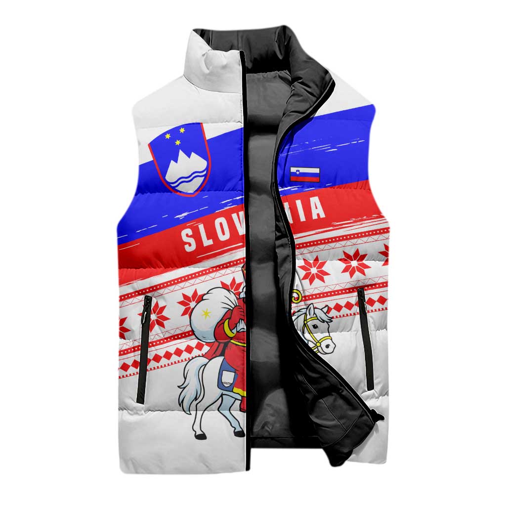 Slovenia Christmas Sleeveless Puffer Jacket with Saint Nicholas White Horse Snowflake Pattern and National Flag Design - Wonder Print Shop