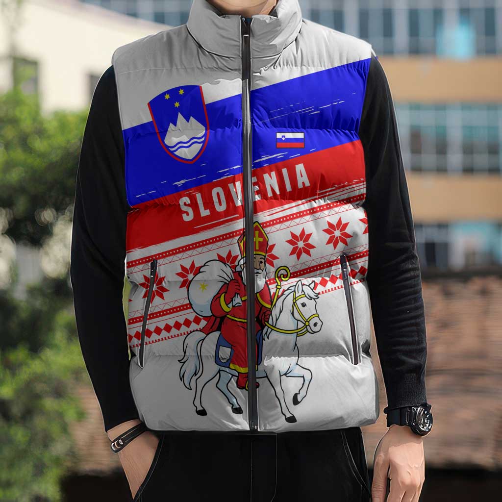 Slovenia Christmas Sleeveless Puffer Jacket with Saint Nicholas White Horse Snowflake Pattern and National Flag Design - Wonder Print Shop