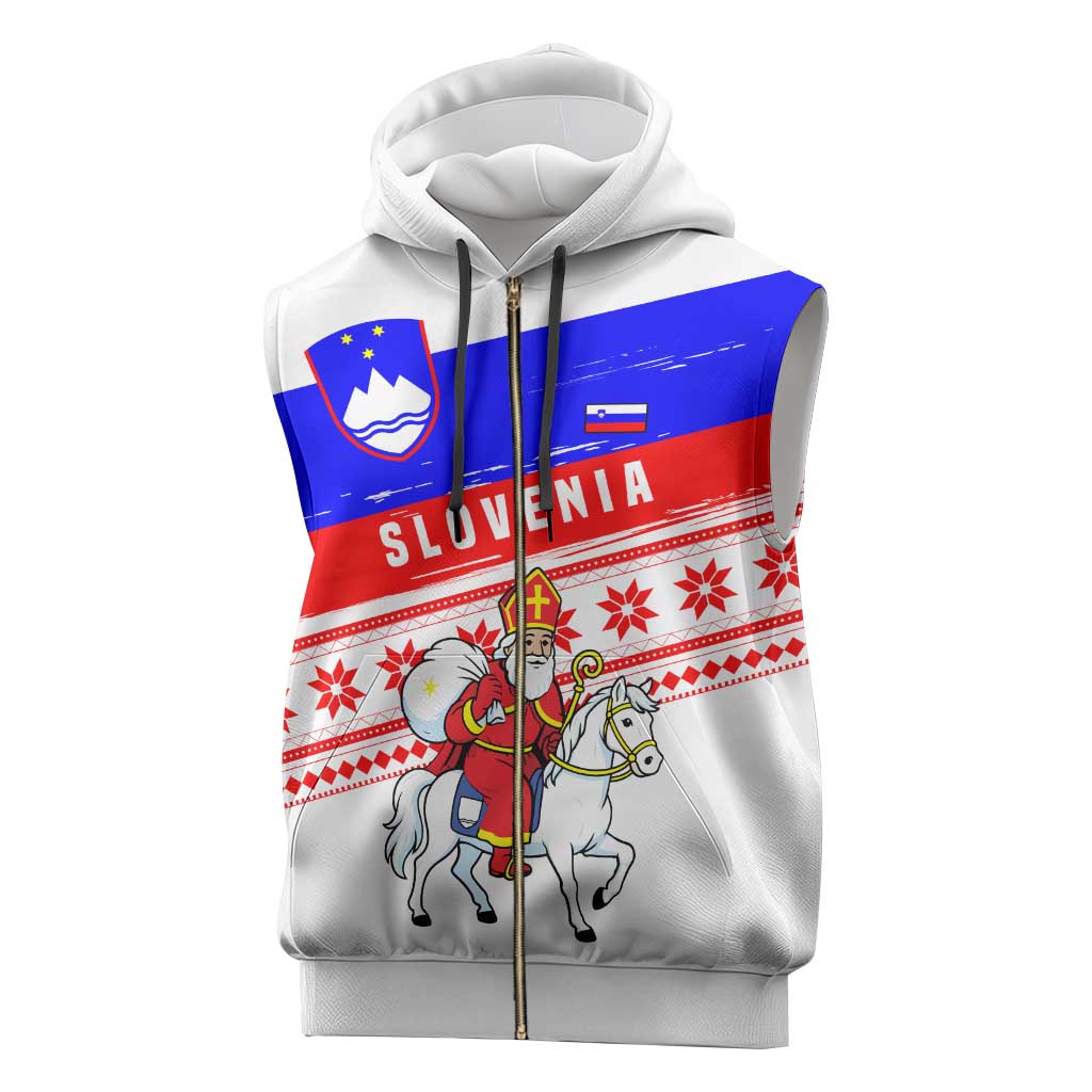 Slovenia Christmas Sleeveless Zip Hoodie with Saint Nicholas White Horse Snowflake Pattern and National Flag Design - Wonder Print Shop