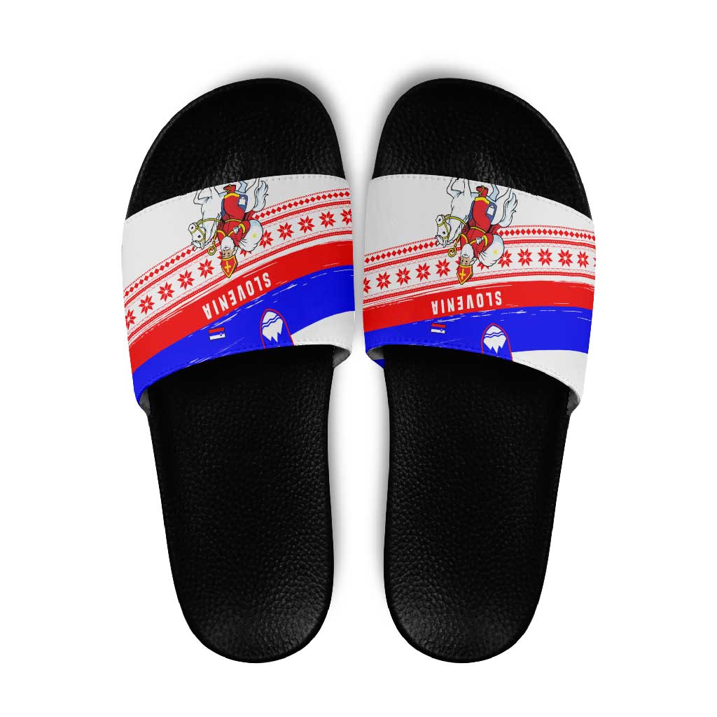 Slovenia Christmas Slide Sandals with Saint Nicholas White Horse Snowflake Pattern and National Flag Design - Wonder Print Shop