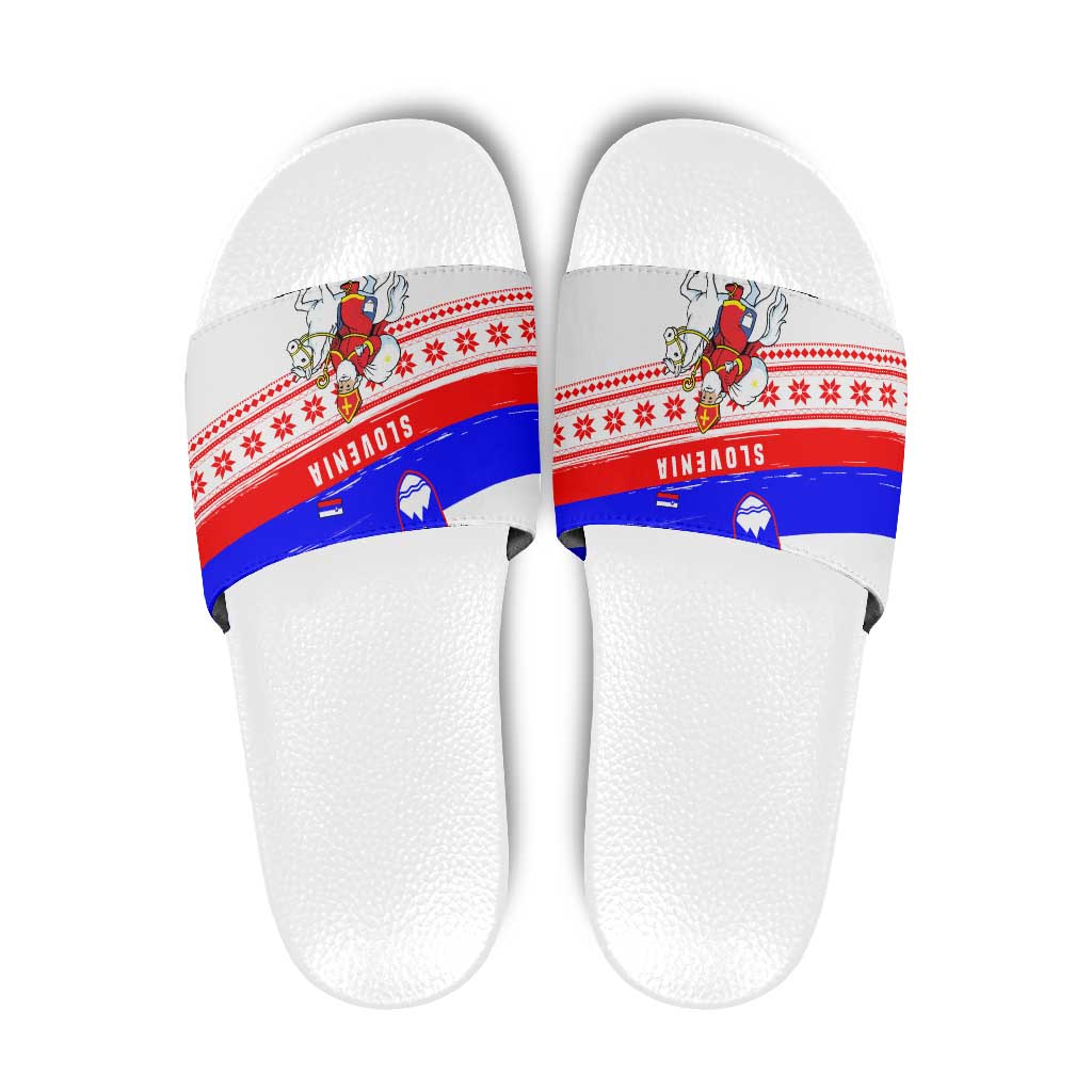 Slovenia Christmas Slide Sandals with Saint Nicholas White Horse Snowflake Pattern and National Flag Design - Wonder Print Shop
