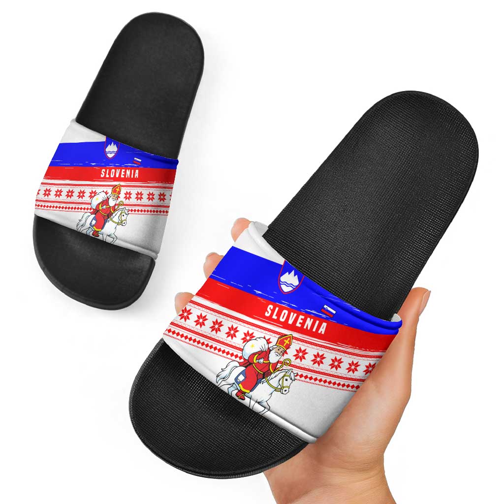 Slovenia Christmas Slide Sandals with Saint Nicholas White Horse Snowflake Pattern and National Flag Design - Wonder Print Shop