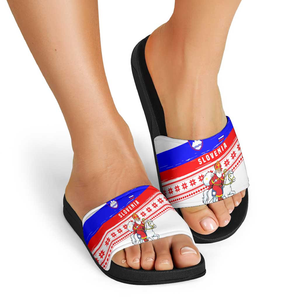 Slovenia Christmas Slide Sandals with Saint Nicholas White Horse Snowflake Pattern and National Flag Design - Wonder Print Shop