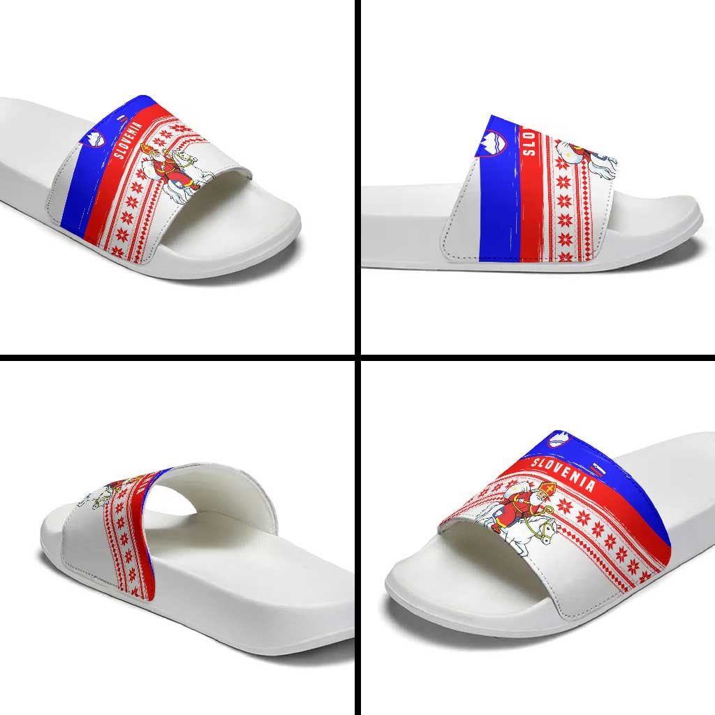 Slovenia Christmas Slide Sandals with Saint Nicholas White Horse Snowflake Pattern and National Flag Design - Wonder Print Shop
