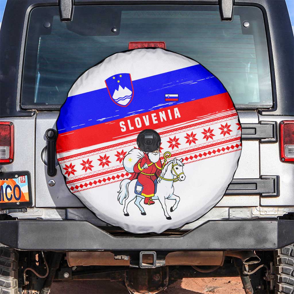 Slovenia Christmas Spare Tire Cover with Saint Nicholas White Horse Snowflake Pattern and National Flag Design - Wonder Print Shop