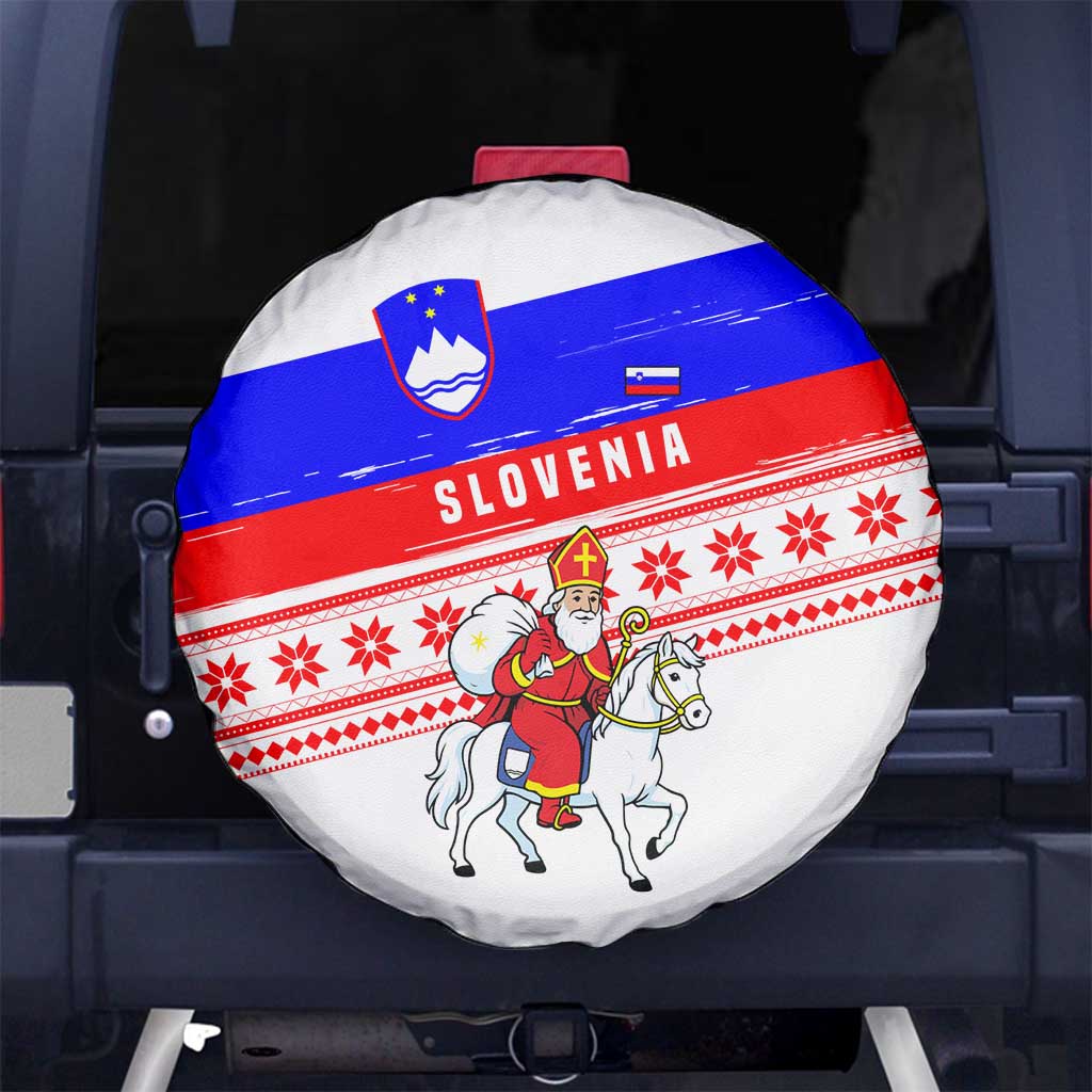 Slovenia Christmas Spare Tire Cover with Saint Nicholas White Horse Snowflake Pattern and National Flag Design - Wonder Print Shop