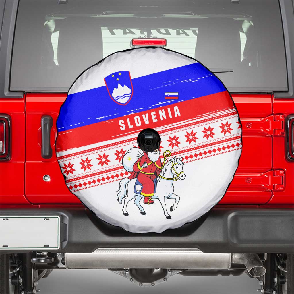 Slovenia Christmas Spare Tire Cover with Saint Nicholas White Horse Snowflake Pattern and National Flag Design - Wonder Print Shop