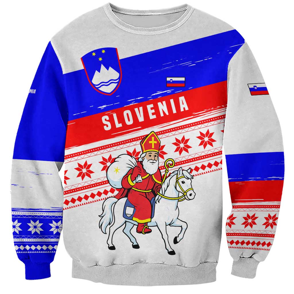 Slovenia Christmas Sweatshirt with Saint Nicholas White Horse Snowflake Pattern and National Flag Design - Wonder Print Shop