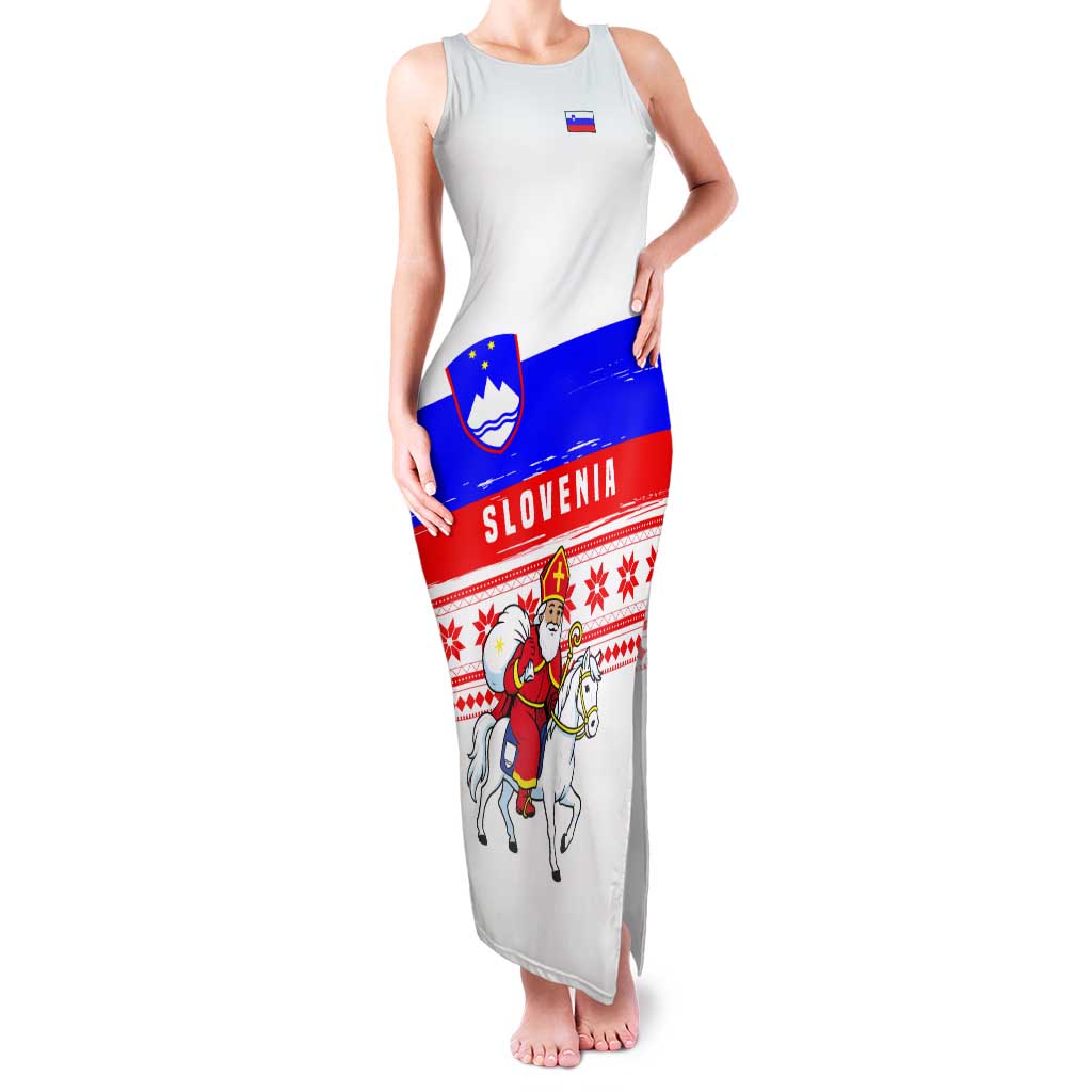 Slovenia Christmas Tank Maxi Dress with Saint Nicholas White Horse Snowflake Pattern and National Flag Design - Wonder Print Shop