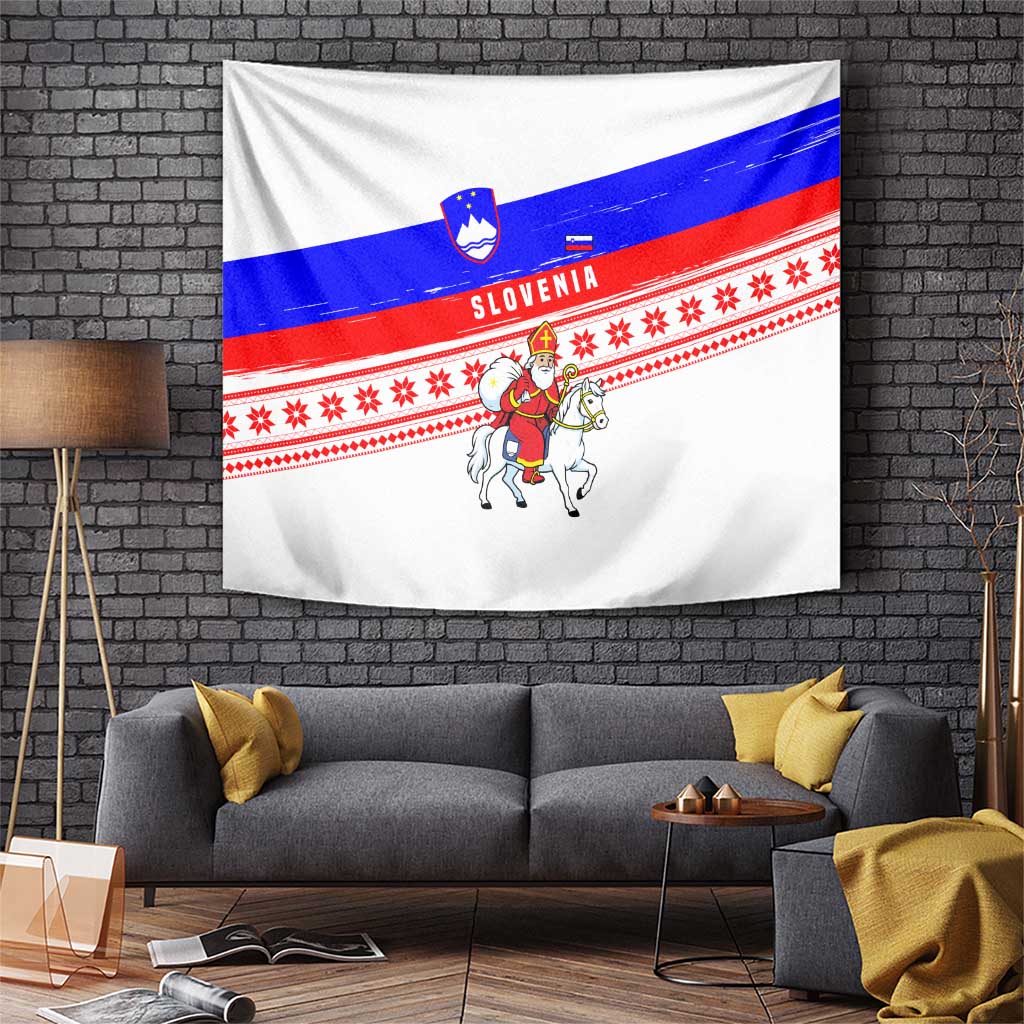 Slovenia Christmas Tapestry with Saint Nicholas White Horse Snowflake Pattern and National Flag Design - Wonder Print Shop
