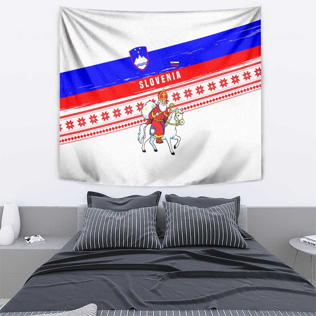 Slovenia Christmas Tapestry with Saint Nicholas White Horse Snowflake Pattern and National Flag Design - Wonder Print Shop