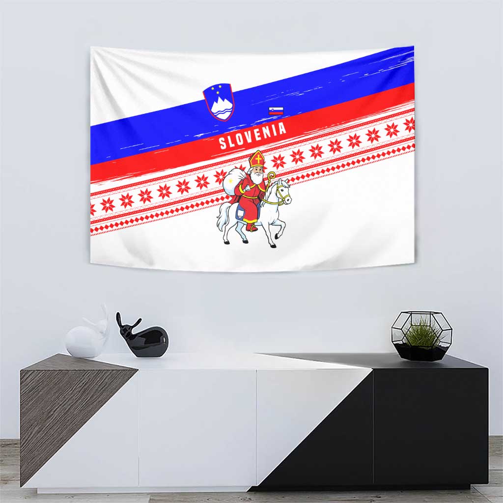 Slovenia Christmas Tapestry with Saint Nicholas White Horse Snowflake Pattern and National Flag Design - Wonder Print Shop