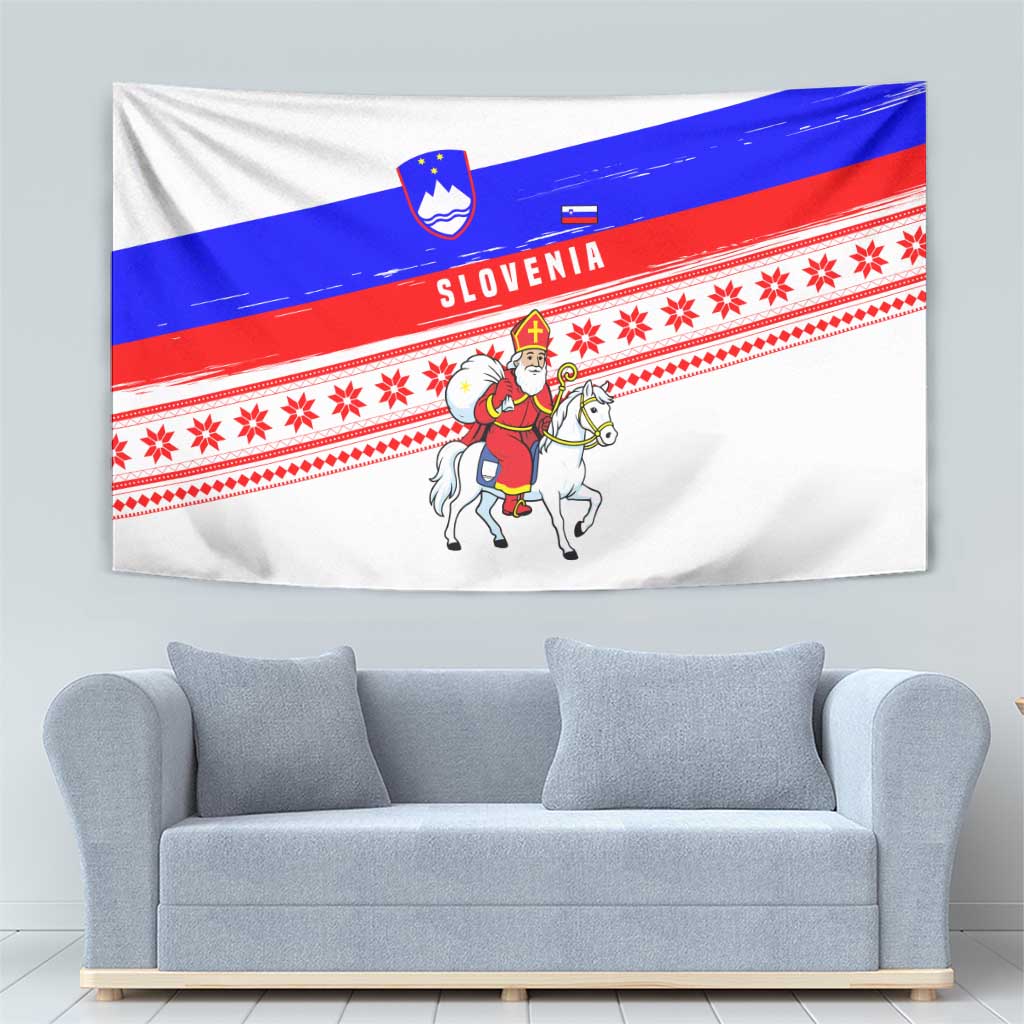 Slovenia Christmas Tapestry with Saint Nicholas White Horse Snowflake Pattern and National Flag Design - Wonder Print Shop