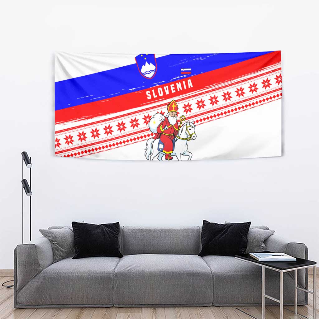 Slovenia Christmas Tapestry with Saint Nicholas White Horse Snowflake Pattern and National Flag Design - Wonder Print Shop