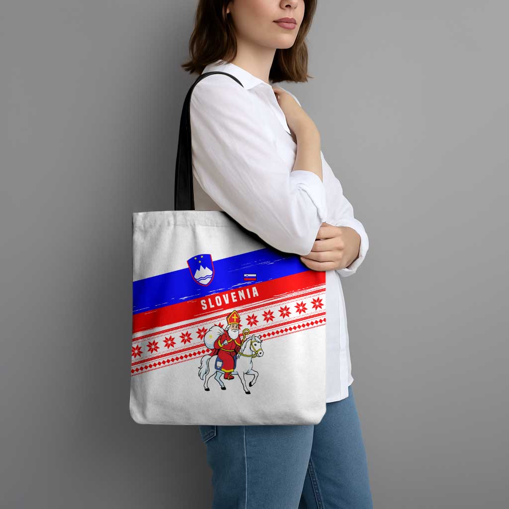 Slovenia Christmas Tote Bag with Saint Nicholas White Horse Snowflake Pattern and National Flag Design - Wonder Print Shop