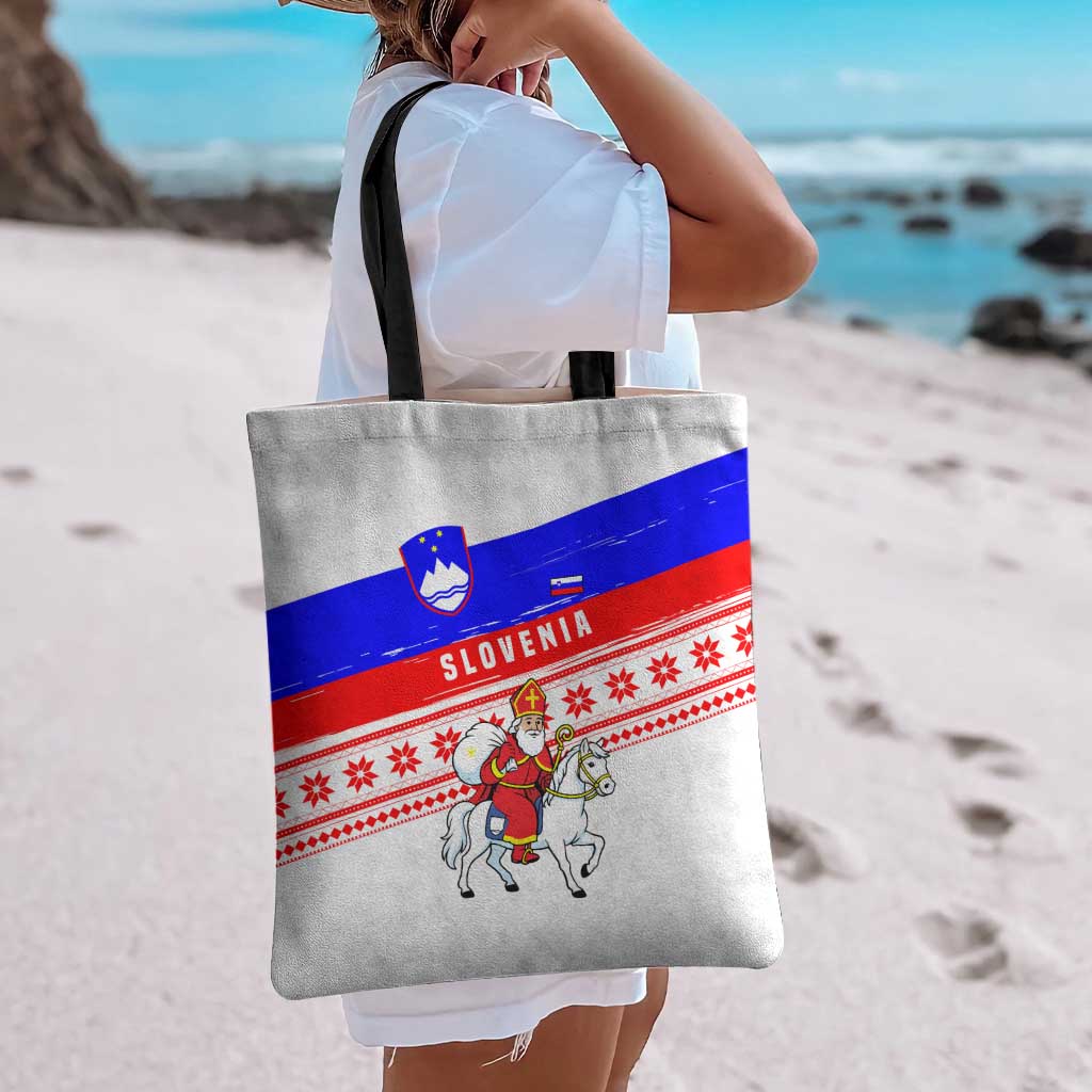 Slovenia Christmas Tote Bag with Saint Nicholas White Horse Snowflake Pattern and National Flag Design - Wonder Print Shop