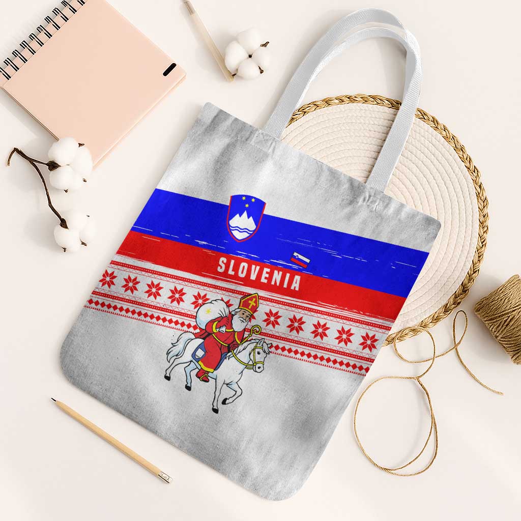 Slovenia Christmas Tote Bag with Saint Nicholas White Horse Snowflake Pattern and National Flag Design - Wonder Print Shop