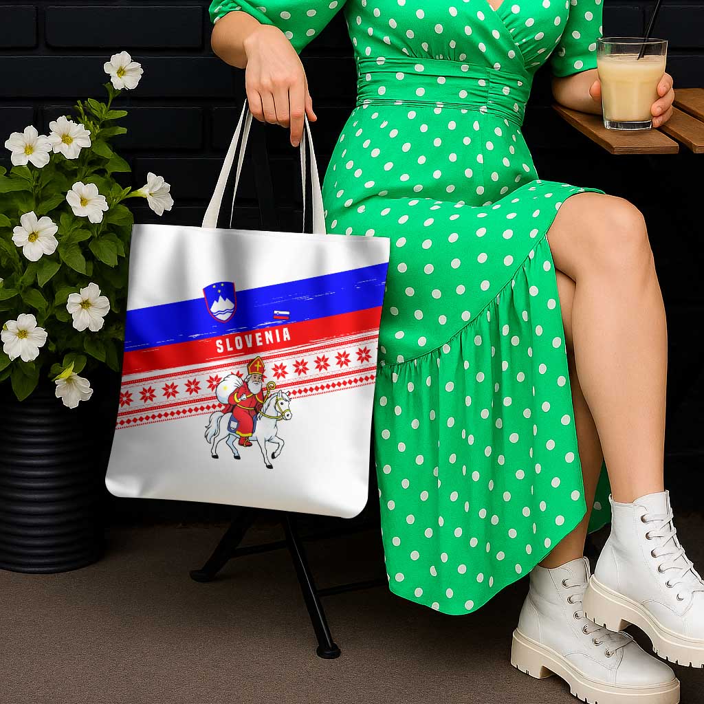 Slovenia Christmas Tote Bag with Saint Nicholas White Horse Snowflake Pattern and National Flag Design - Wonder Print Shop