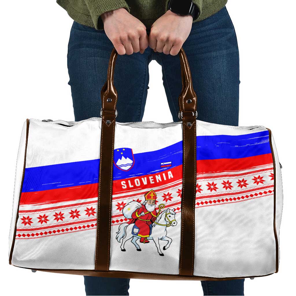 Slovenia Christmas Travel Bag with Saint Nicholas White Horse Snowflake Pattern and National Flag Design - Wonder Print Shop