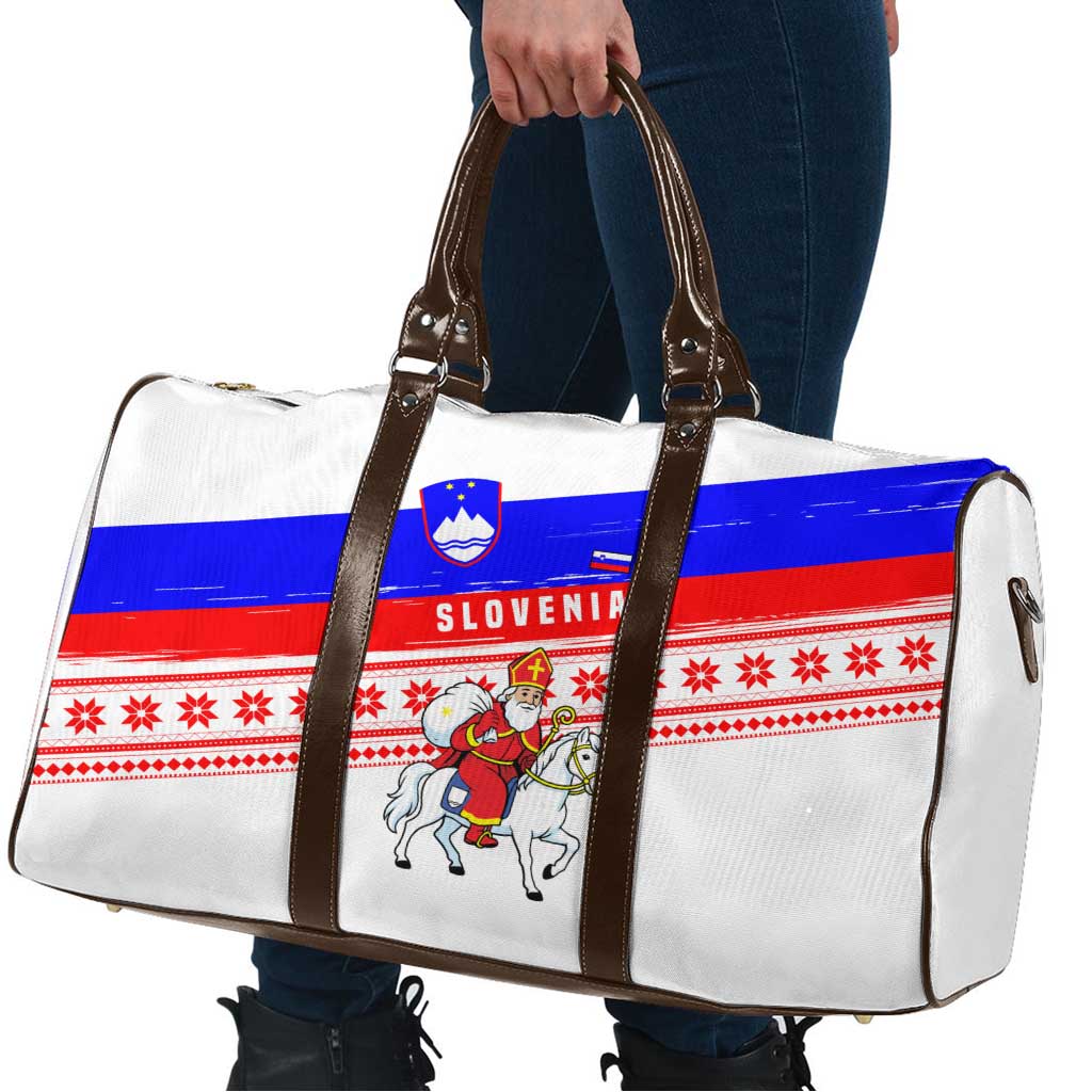Slovenia Christmas Travel Bag with Saint Nicholas White Horse Snowflake Pattern and National Flag Design - Wonder Print Shop