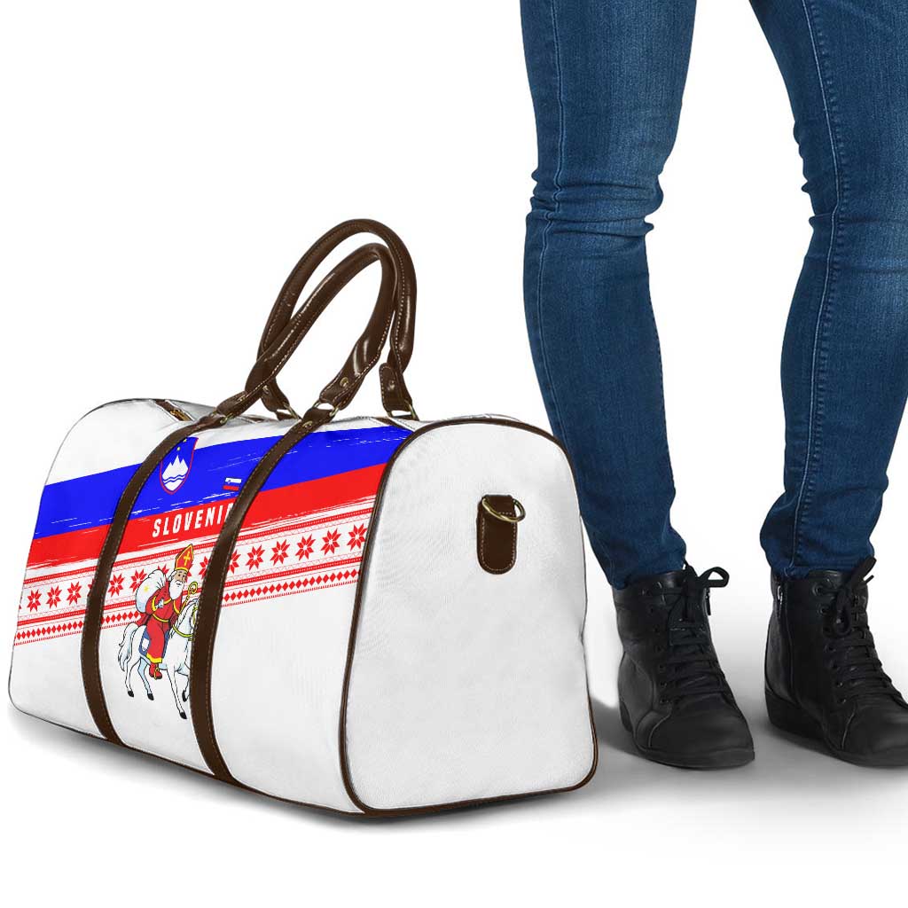 Slovenia Christmas Travel Bag with Saint Nicholas White Horse Snowflake Pattern and National Flag Design - Wonder Print Shop