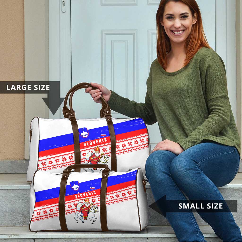 Slovenia Christmas Travel Bag with Saint Nicholas White Horse Snowflake Pattern and National Flag Design - Wonder Print Shop