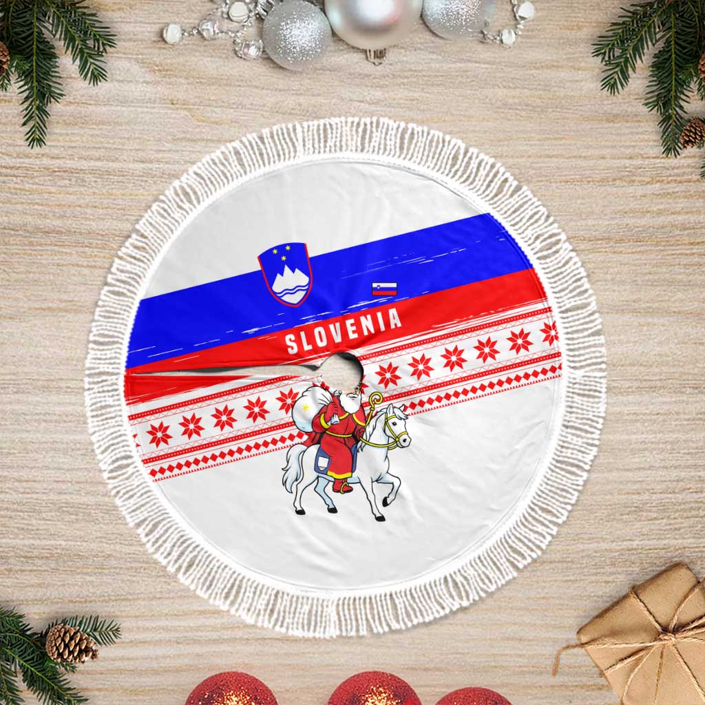 Slovenia Christmas Tree Skirt with Saint Nicholas White Horse Snowflake Pattern and National Flag Design - Wonder Print Shop