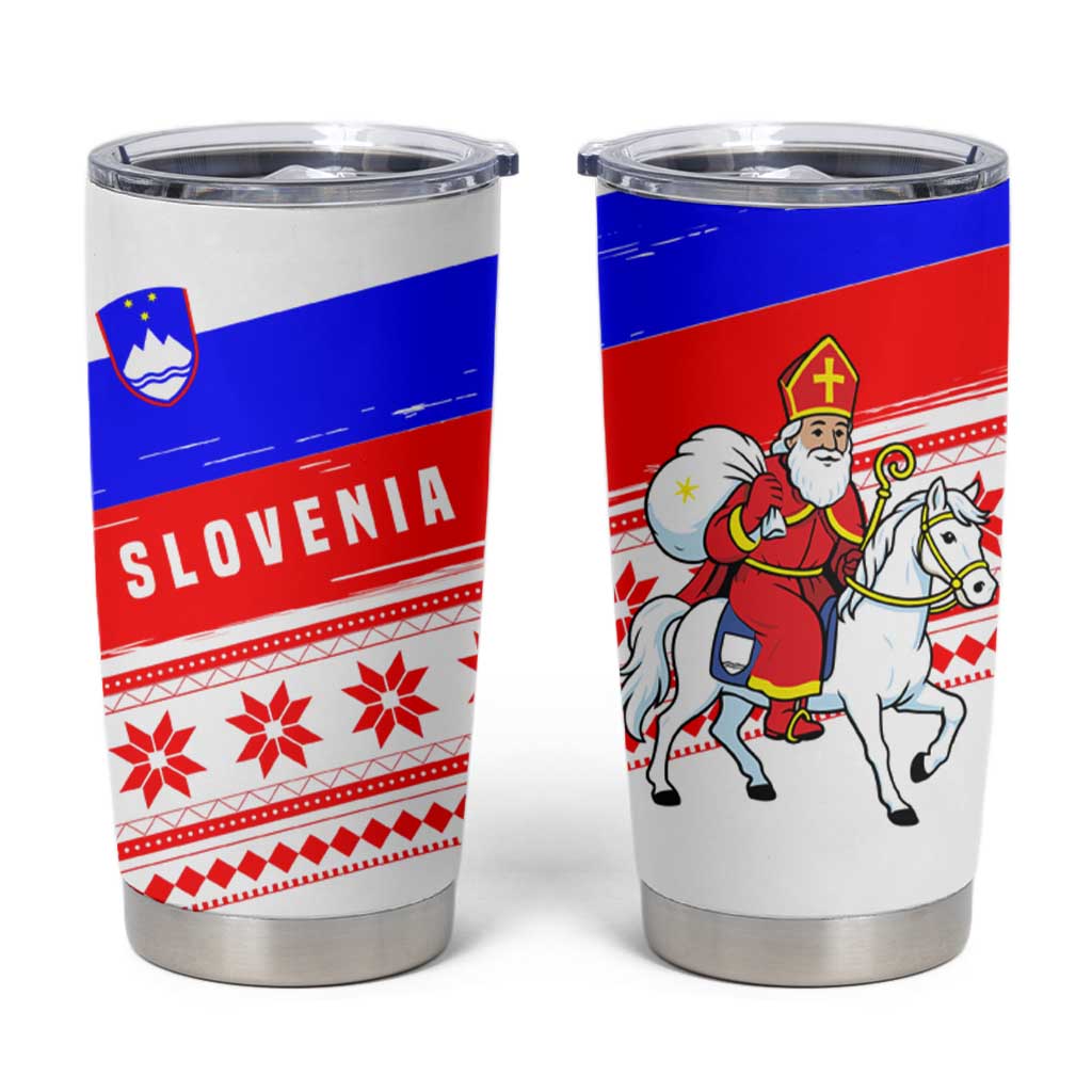 Slovenia Christmas Tumbler Cup with Saint Nicholas White Horse Snowflake Pattern and National Flag Design - Wonder Print Shop