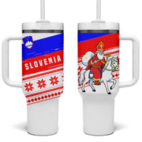 Slovenia Christmas Tumbler With Handle with Saint Nicholas White Horse Snowflake Pattern and National Flag Design - Wonder Print Shop