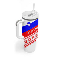 Slovenia Christmas Tumbler With Handle with Saint Nicholas White Horse Snowflake Pattern and National Flag Design - Wonder Print Shop