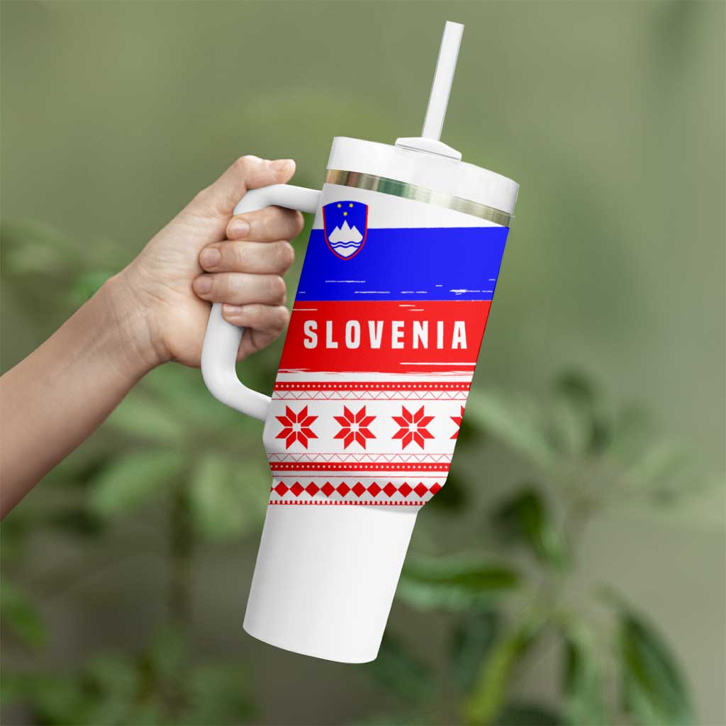 Slovenia Christmas Tumbler With Handle with Saint Nicholas White Horse Snowflake Pattern and National Flag Design - Wonder Print Shop