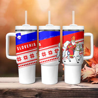 Slovenia Christmas Tumbler With Handle with Saint Nicholas White Horse Snowflake Pattern and National Flag Design - Wonder Print Shop