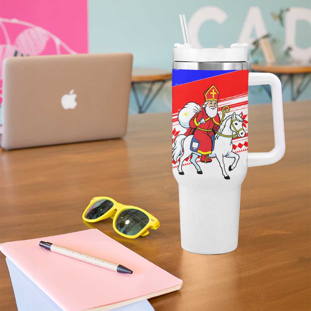 Slovenia Christmas Tumbler With Handle with Saint Nicholas White Horse Snowflake Pattern and National Flag Design - Wonder Print Shop