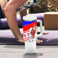 Slovenia Christmas Tumbler With Handle with Saint Nicholas White Horse Snowflake Pattern and National Flag Design - Wonder Print Shop