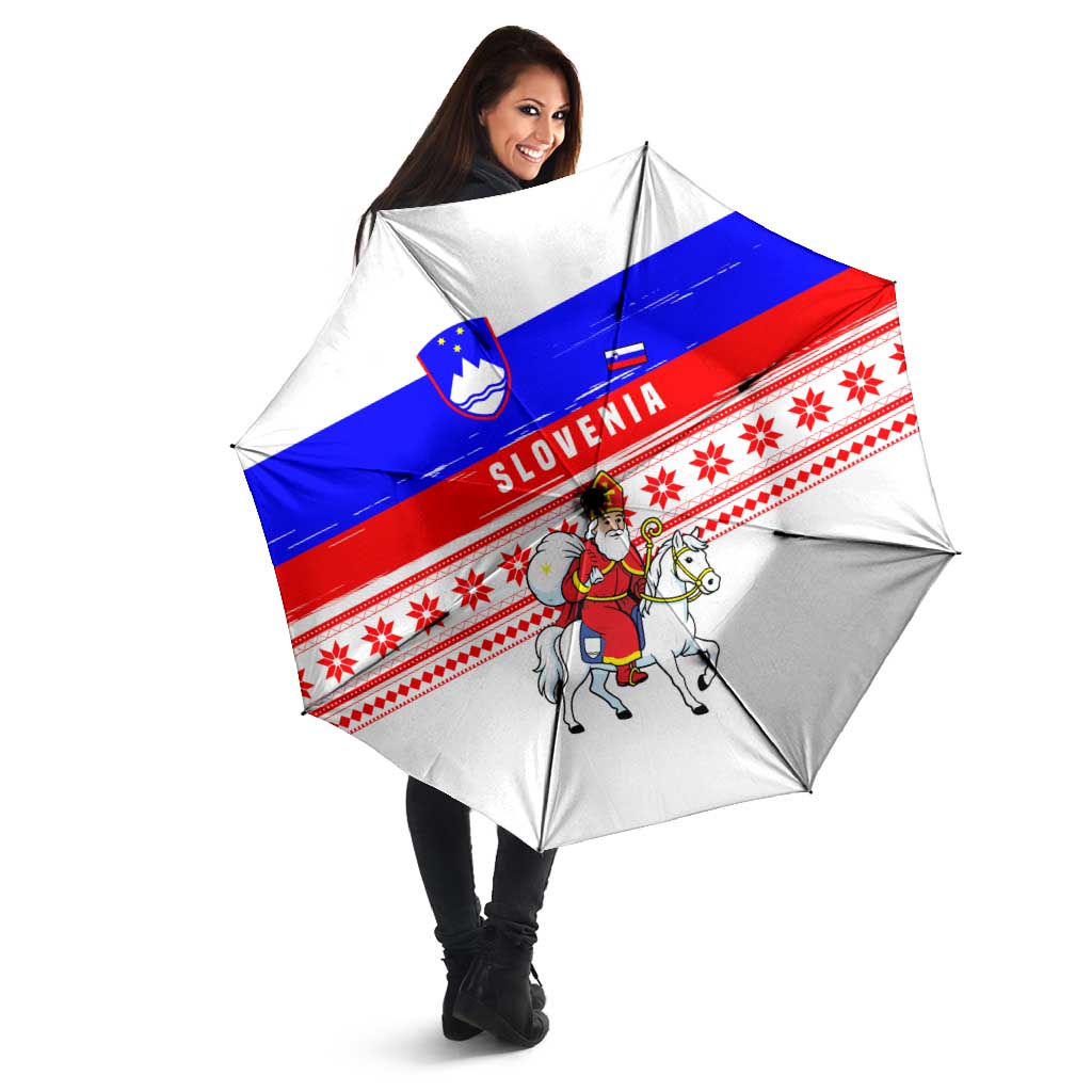 Slovenia Christmas Umbrella with Saint Nicholas White Horse Snowflake Pattern and National Flag Design - Wonder Print Shop