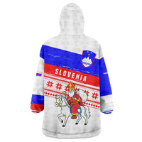 Slovenia Christmas Wearable Blanket Hoodie with Saint Nicholas White Horse Snowflake Pattern and National Flag Design - Wonder Print Shop