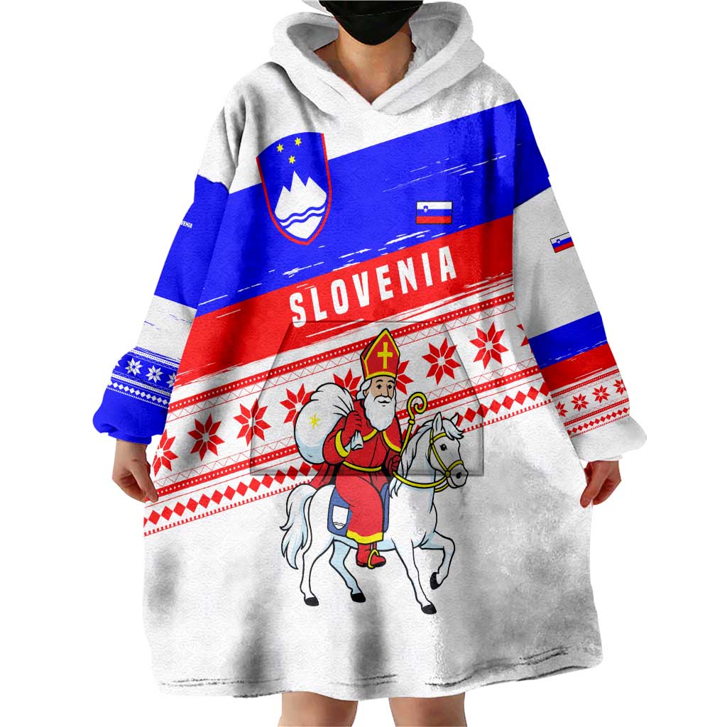 Slovenia Christmas Wearable Blanket Hoodie with Saint Nicholas White Horse Snowflake Pattern and National Flag Design - Wonder Print Shop