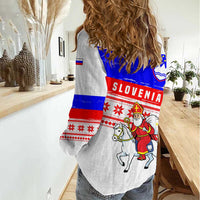 Slovenia Christmas Women Casual Shirt with Saint Nicholas White Horse Snowflake Pattern and National Flag Design - Wonder Print Shop