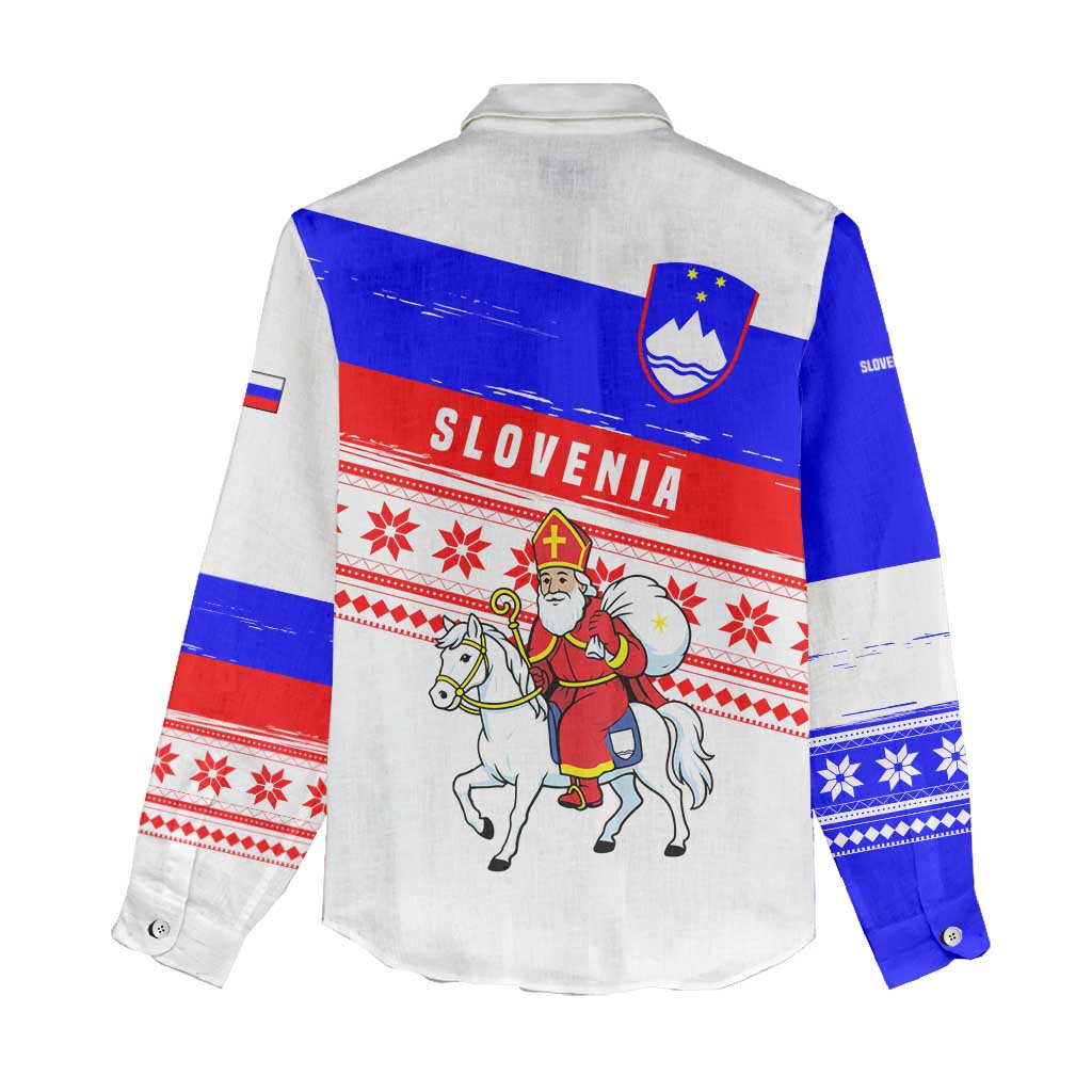 Slovenia Christmas Women Casual Shirt with Saint Nicholas White Horse Snowflake Pattern and National Flag Design - Wonder Print Shop