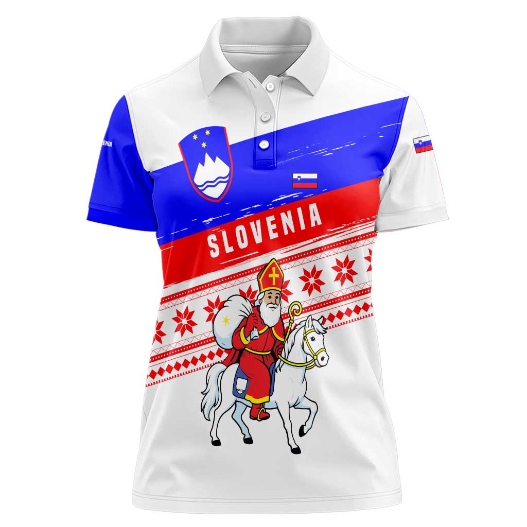 Slovenia Christmas Women Polo Shirt with Saint Nicholas White Horse Snowflake Pattern and National Flag Design - Wonder Print Shop