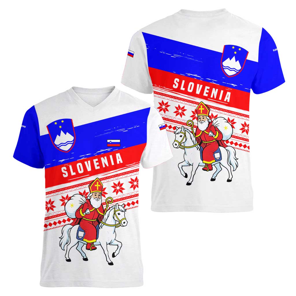 Slovenia Christmas Women V-Neck T-Shirt with Saint Nicholas White Horse Snowflake Pattern and National Flag Design - Wonder Print Shop