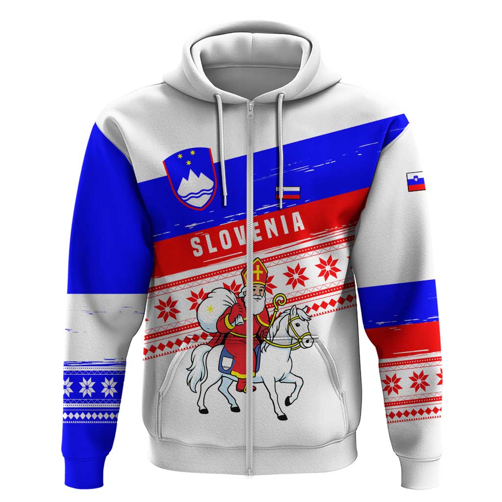 Slovenia Christmas Zip Hoodie with Saint Nicholas White Horse Snowflake Pattern and National Flag Design - Wonder Print Shop