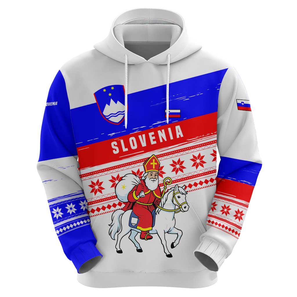 Slovenia Christmas Zip Hoodie with Saint Nicholas White Horse Snowflake Pattern and National Flag Design - Wonder Print Shop