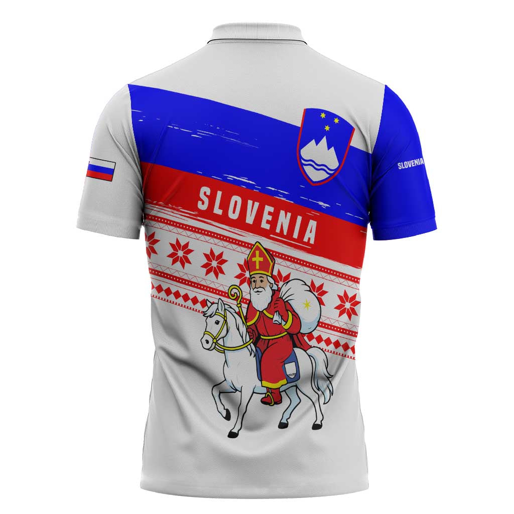 Slovenia Christmas Zipper Polo Shirt with Saint Nicholas White Horse Snowflake Pattern and National Flag Design - Wonder Print Shop