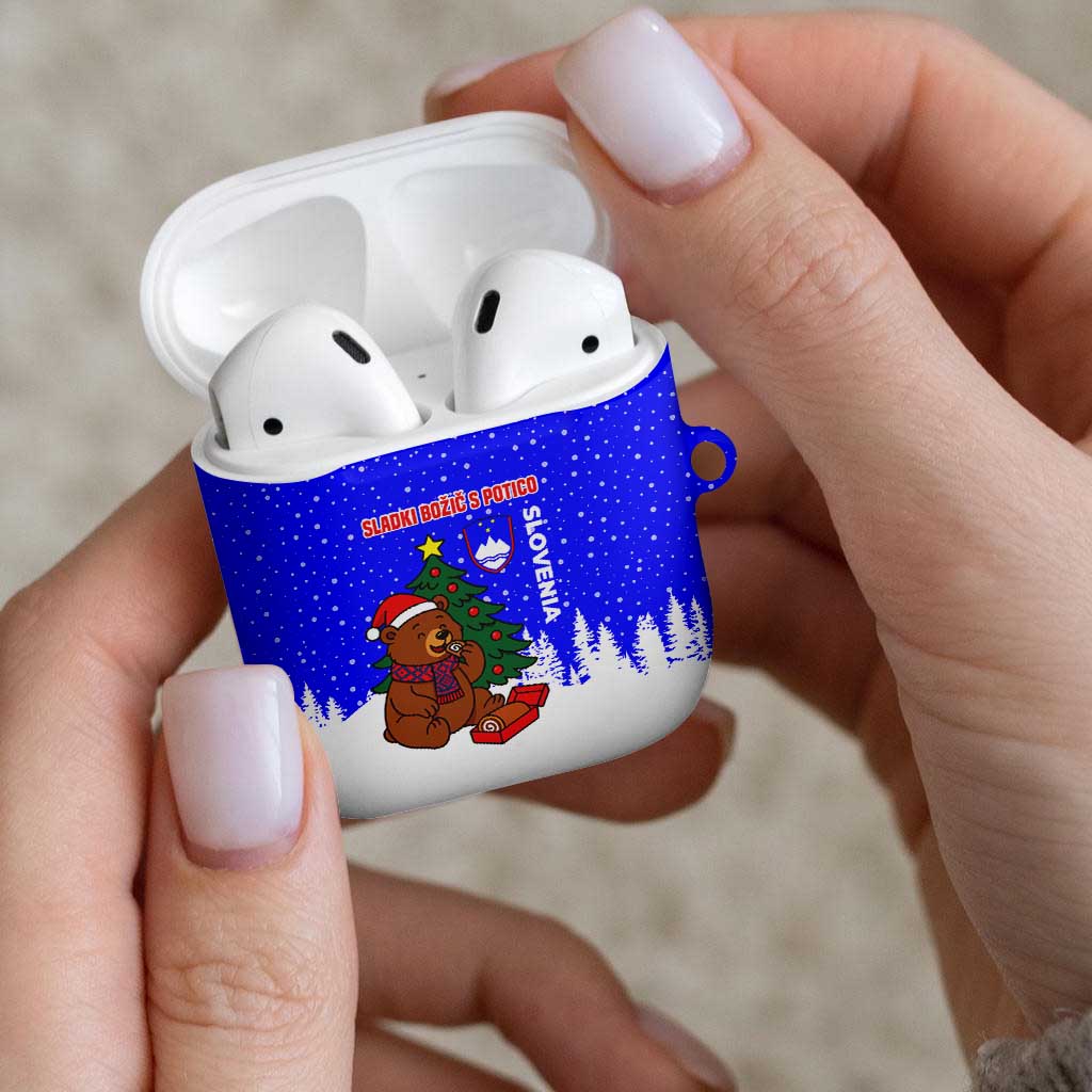 Slovenia Christmas AirPods Case with Bear Potica Cake Snowy Tree and National Emblem Design - Wonder Print Shop
